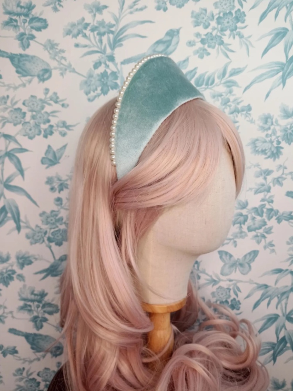 Powder Blue Velvet Pearl Kokoshnik: Anne Boleyn Tudor French Hood